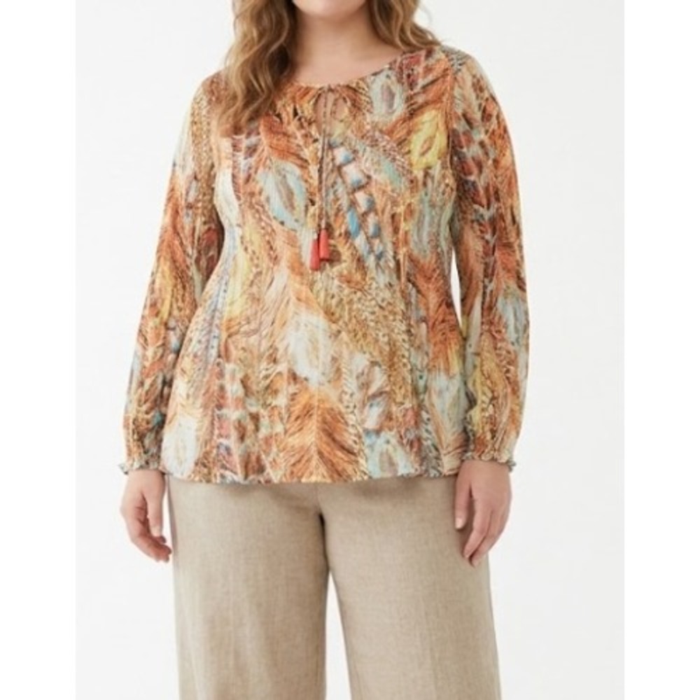 Melissa Paige Blouse 1X Multi Color Artsy Pleated Detail Tassel Boho Top